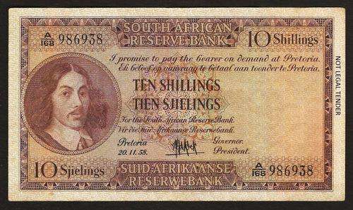 SA 10 Shillings (M de Kock 3rd issue)1958, E/A in F+/VF condition