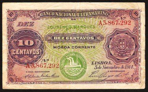 Mozambique 10 Centavos 1914 P.59 F+ condition