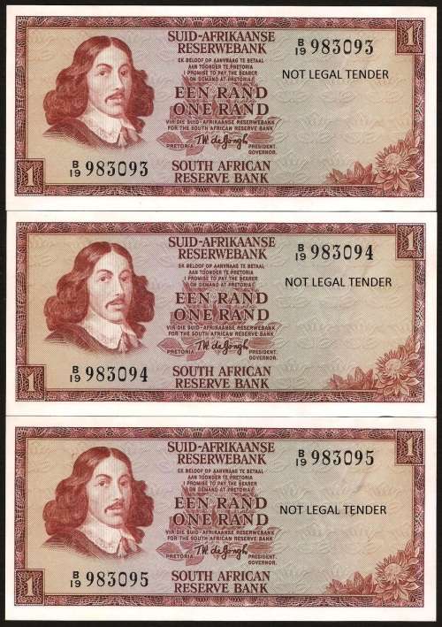 SA 1 Rand (TW de Jongh 2nd Issue)1973, A/E in EF/EF+ condition - three notes in numerical order