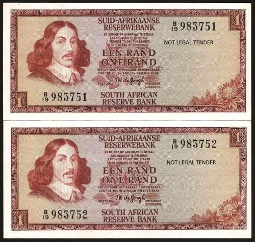 SA 1 Rand (TW de Jongh 2nd Issue)1973, A/E in EF/EF+ condition - two notes in numerical order