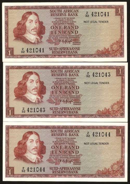 SA 1 Rand (TW de Jongh 3rd issue)1975, E/A in EF+ to UNC condition - Three Z32 Replacement notes