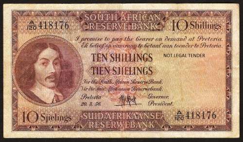 SA 10 Shillings (MH de Kock 3rd issue)1956, E/A in F/F+ condition
