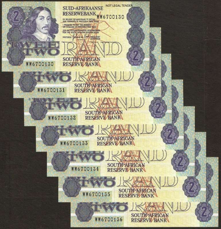 SA 2 Rand 1980's UNC condition, *WW Replacement* - 7 notes in numerical order - *CRAZY R1 START*