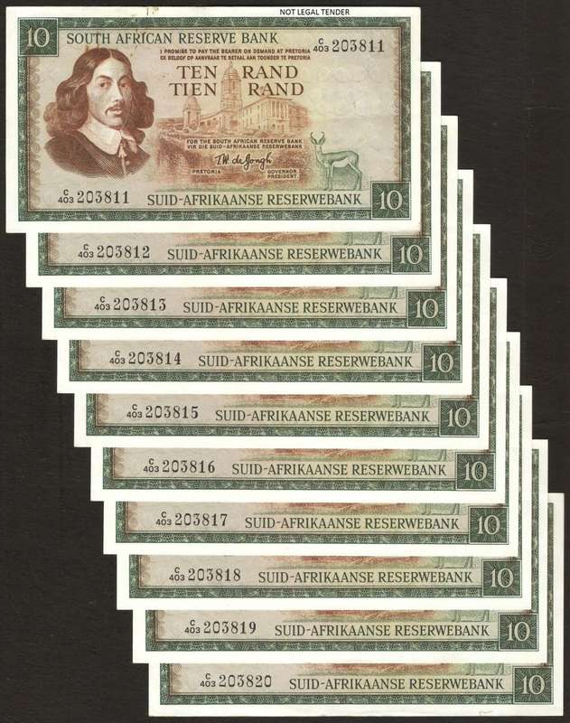 SA 10 Rand (TW de Jongh 3rd issue)1975, E/A - 10 notes in numerical order