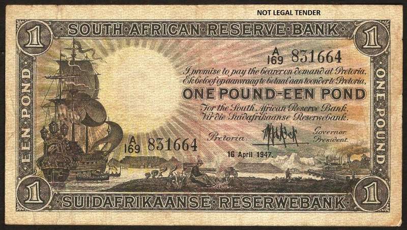 SA 1 Pound (M de Kock 1st issue)1947 F condition