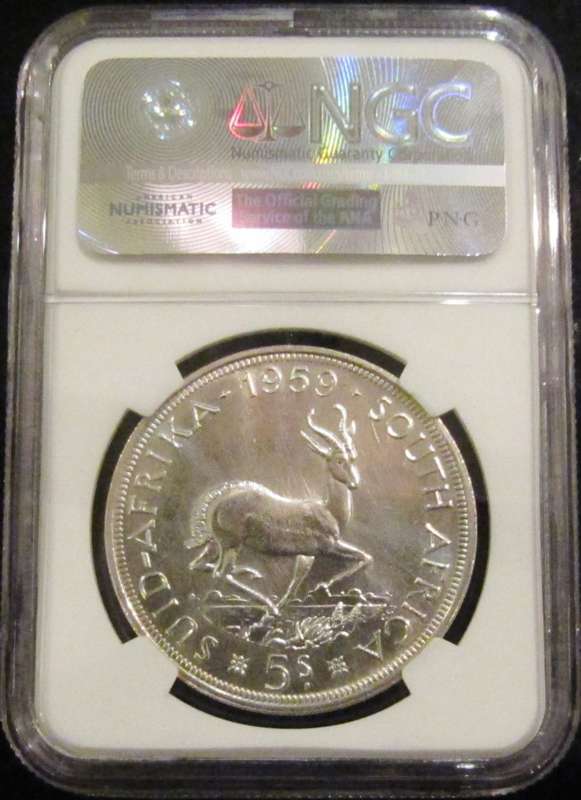 1959 5 shilling NGC graded PROOF-LIKE 66 (PL66)-2nd FINEST at NGC and BLAST-WHITE BRILLIANT!!!