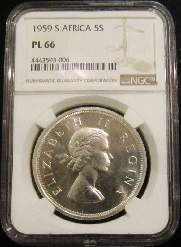 1959 5 shilling NGC graded PROOF-LIKE 66 (PL66)-2nd FINEST at NGC and BLAST-WHITE BRILLIANT!!!