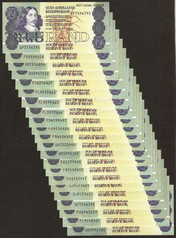 SA 2 Rand late 1980's - 22 notes all UNC or close to it