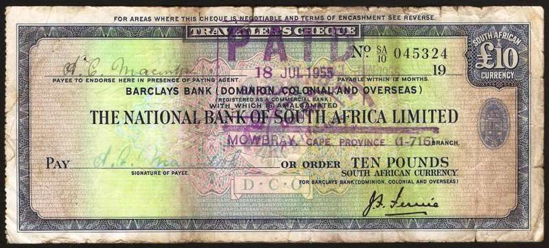 1955 National Bank of SA Ltd 10 Pound Traveller's Cheque - Northern Rhodesia stamp on reverse