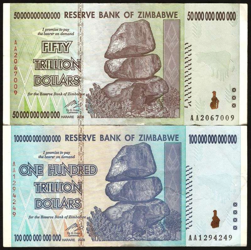 Zimbabwe 100 & 50 Trillion Dollars -  2 highest denomination notes of Zim's Hyper inflation period