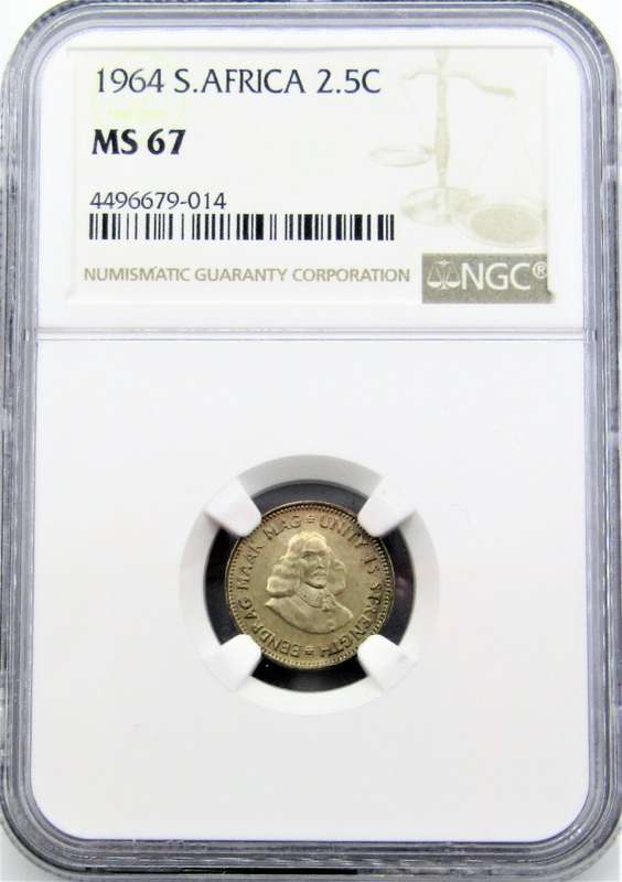 1964 Republic of South Africa 2.5 Cents NGC graded MS67-FINEST KNOWN!!
