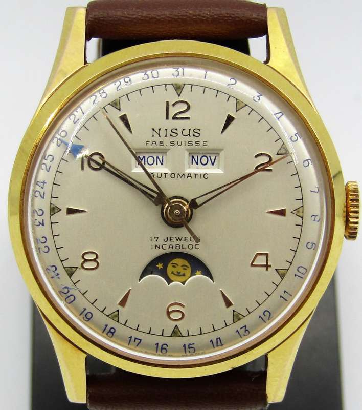1950s NISUS Triple Calendar Automatic Day-Date Moon Phase Wrist Watch