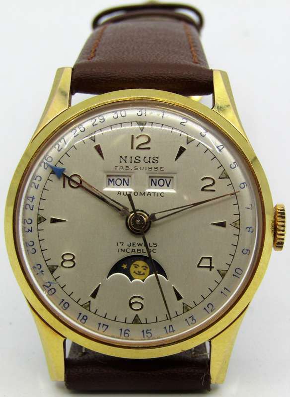 1950s NISUS Triple Calendar Automatic Day-Date Moon Phase Wrist Watch