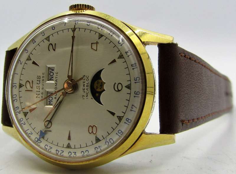 1950s NISUS Triple Calendar Automatic Day-Date Moon Phase Wrist Watch
