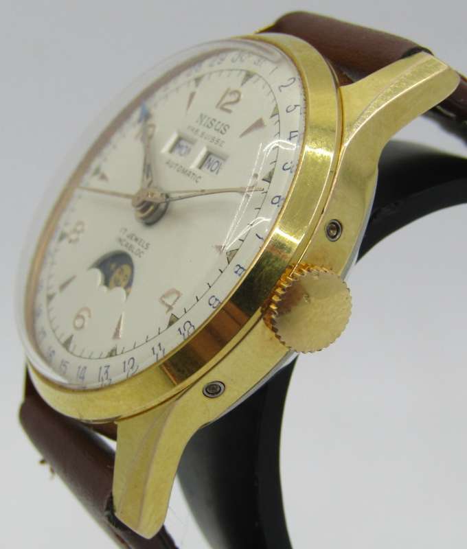 1950s NISUS Triple Calendar Automatic Day-Date Moon Phase Wrist Watch