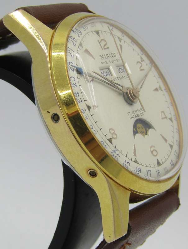 1950s NISUS Triple Calendar Automatic Day-Date Moon Phase Wrist Watch
