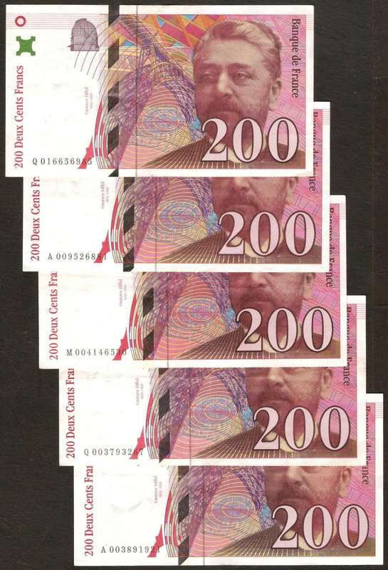 5x France 200 Francs 1995/1996 - All in a high grade