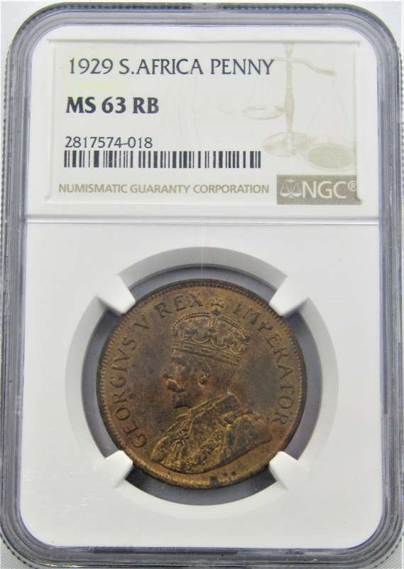 1929 Union of South Africa Penny NGC Graded MS63 RB -Extremely scarce
