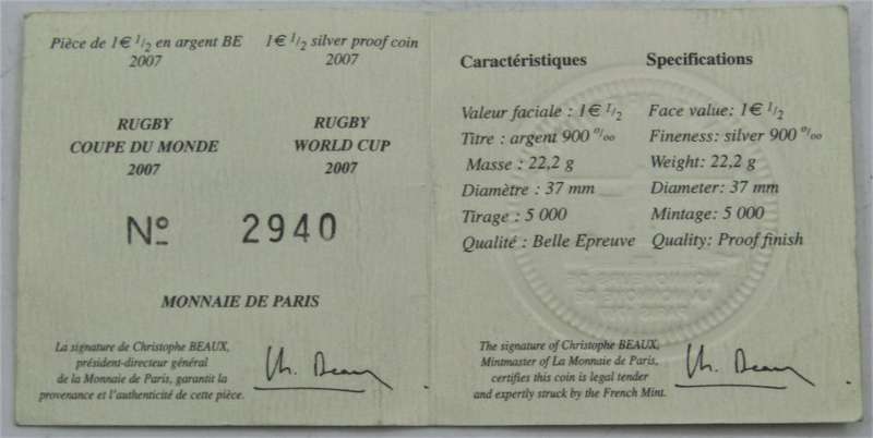 Monnaie De Paris Rugby World Cup 2007 1 1/2 Euro Silver Proof Coin in box of issue+COA