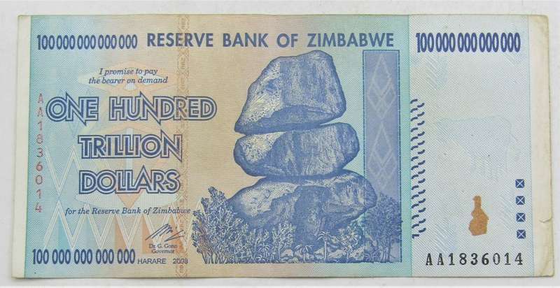 Zimbabwe 100 Trillion Dollars  - Zim's largest ever denomination  bank note