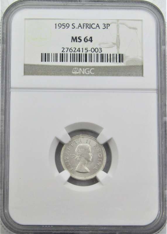 1959 Union of South Africa 3 Pence NGC Graded MS64