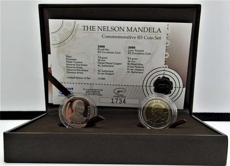 Nelson Mandela Commemorative R5 Prooflike and Lazer Frosted  Coin Set