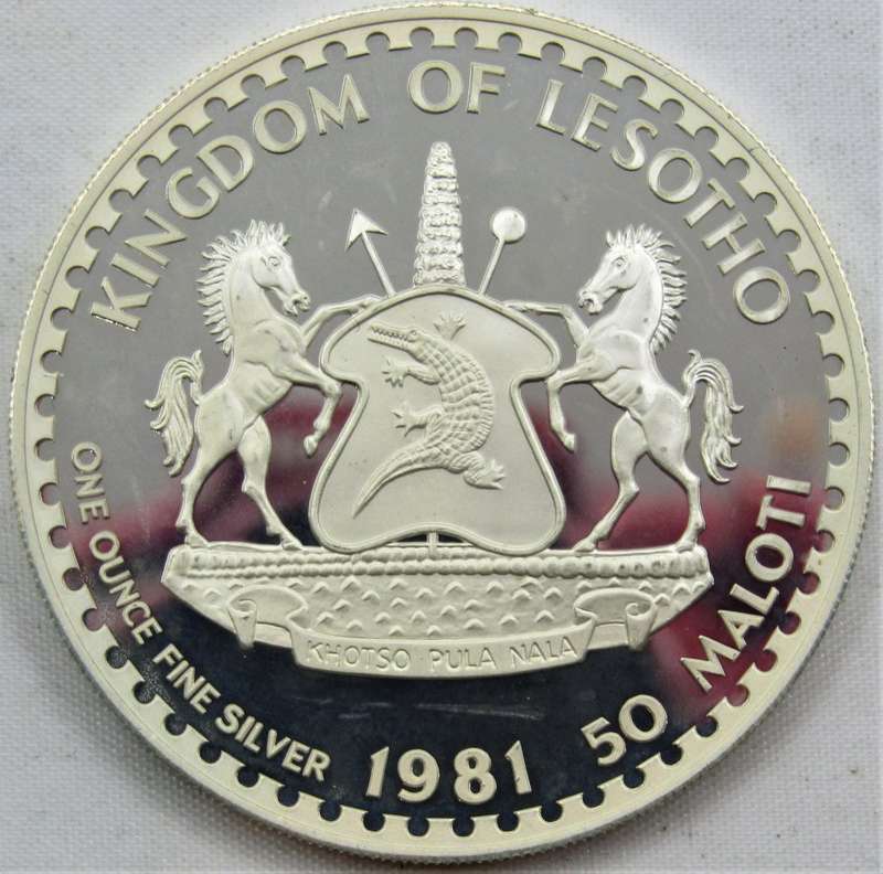 1981 Lesotho 50 Maloti Proof Silver 1 Ounce Coin