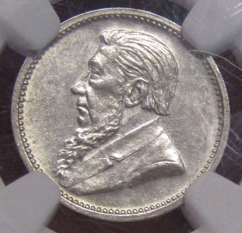 1895 ZAR 3 Pence UNC-A bright ,blast-white satiny beauty NGC has designated `cleaned`-look at pics.