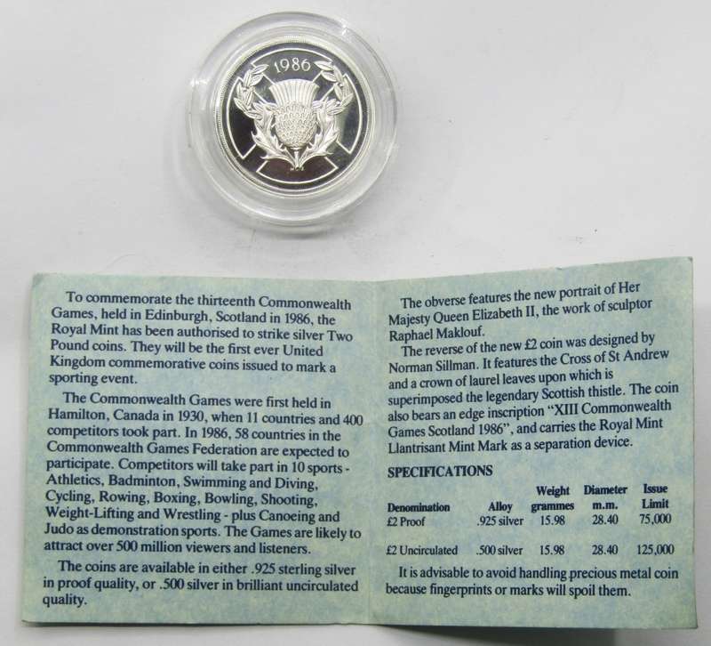 United Kingdom 1986 Sterling Silver Proof 2 Pounds encapsulated as issued with COA
