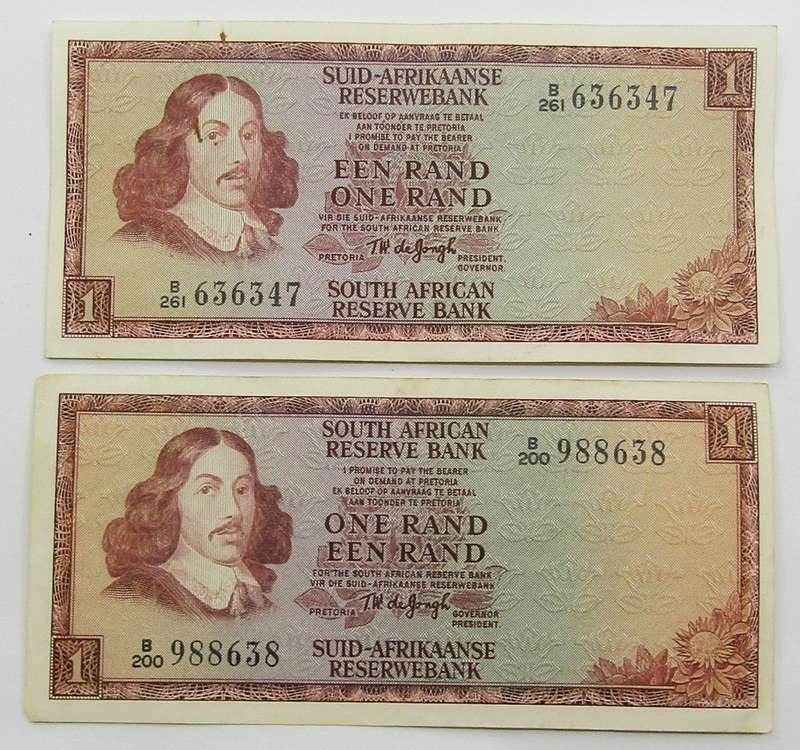 T.W De Jongh  2x R1 notes with both  ENG/AFR and AFR/ENG language variations in High Grade