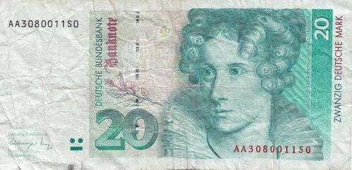 German 20 Deutsch Mark 1 August 1991 P39a (Face value=R95)
