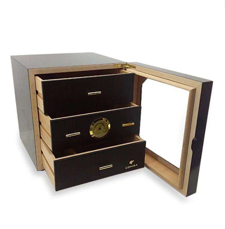 COHIBA luxury cedar large capacity black high gloss finish cigar cabinet humidor storage box with 3