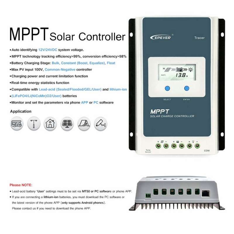 EPEVER MPPT Charge Controller 30A, Solar Panel Charge Controller 12V/24V Auto, Max Input 100V PV Neg