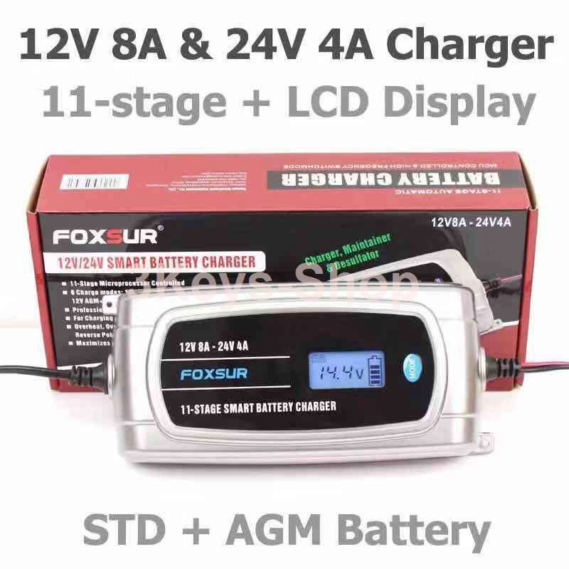 FOXSUR 12V 24V Waterproof Truck Car Battery Charger, EFB GEL WET AGM Battery Charger with LCD Displa