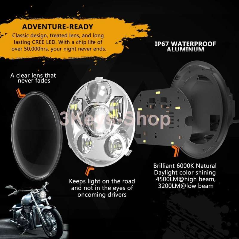5.75 Inch Projector LED Headlight for Harley Davidson Motorcycles Headlamp 45W Chrome