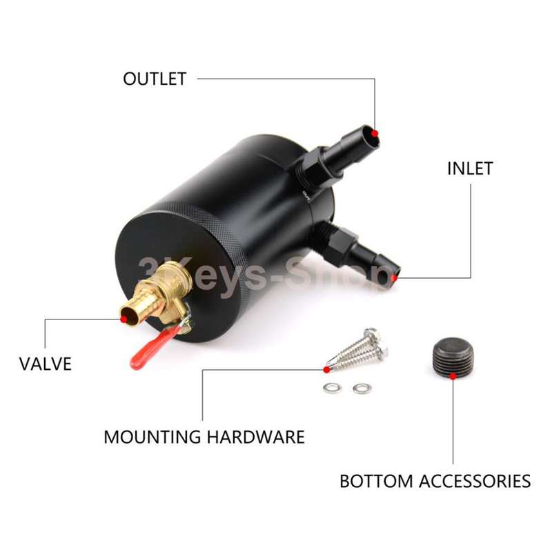 Universal Aluminum Baffled 2-Port Oil Catch Can/Tank/Air-Oil Separtor Black + Oil Drain Cock Valve