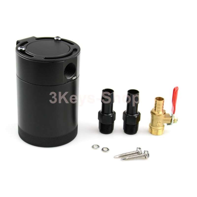 Universal Aluminum Baffled 2-Port Oil Catch Can/Tank/Air-Oil Separtor Black + Oil Drain Cock Valve