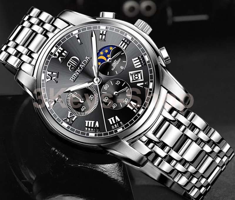 Luxury Stainless Steel Mens Business Watches BINKADA Automatic Men  Watch