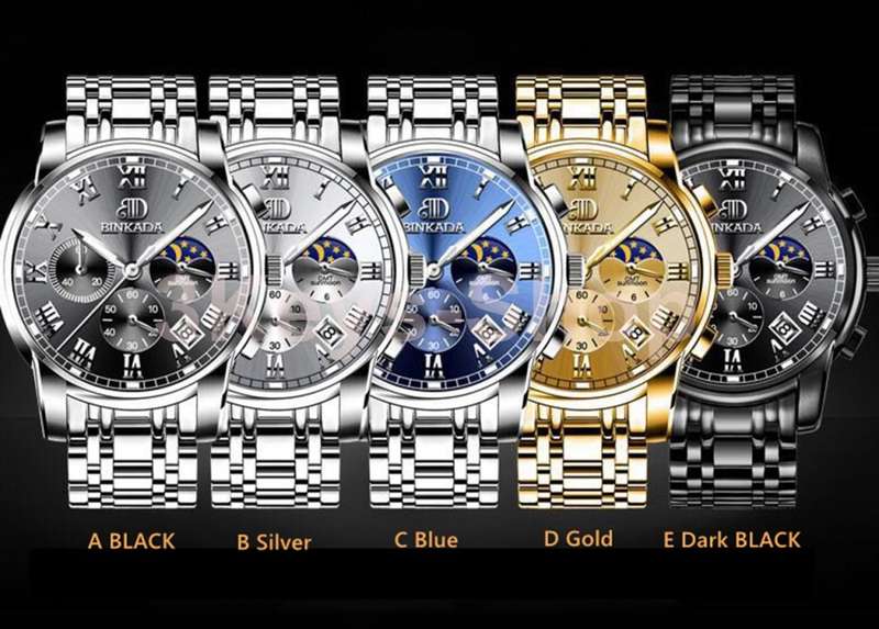 Luxury Stainless Steel Mens Business Watches BINKADA Automatic Men  Watch