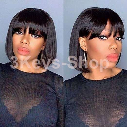 8 inch Short Bob Straight Human Hair Wigs With Bangs  130% Density None Lace Front Wigs Glueless