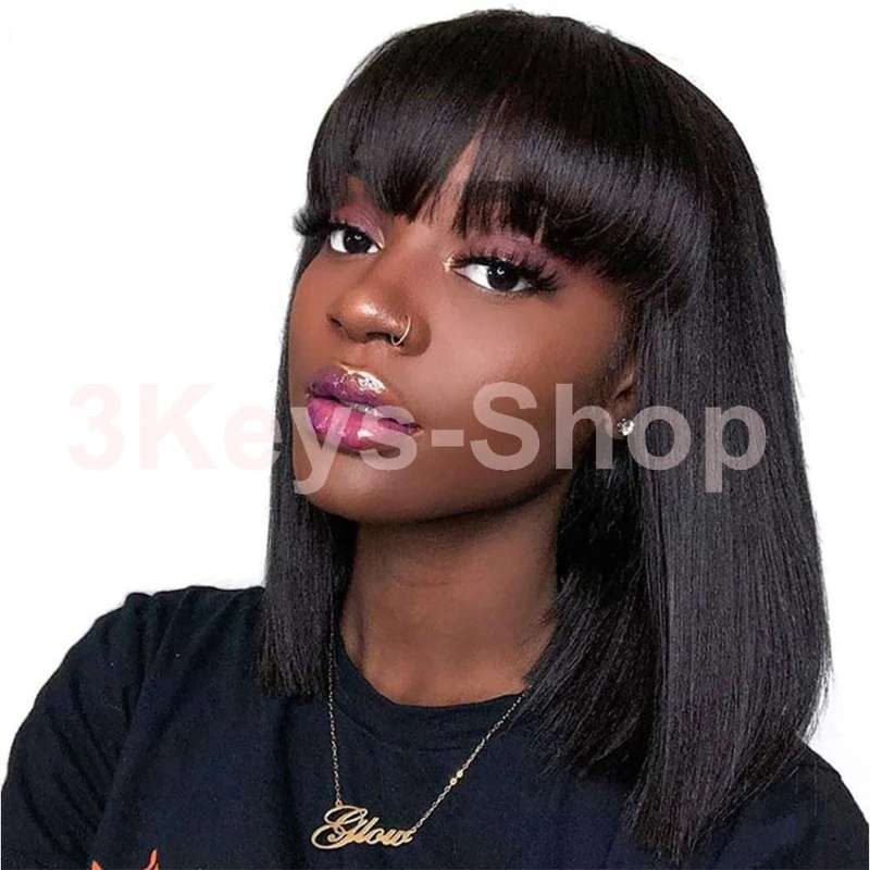 8 inch Short Bob Straight Human Hair Wigs With Bangs  130% Density None Lace Front Wigs Glueless
