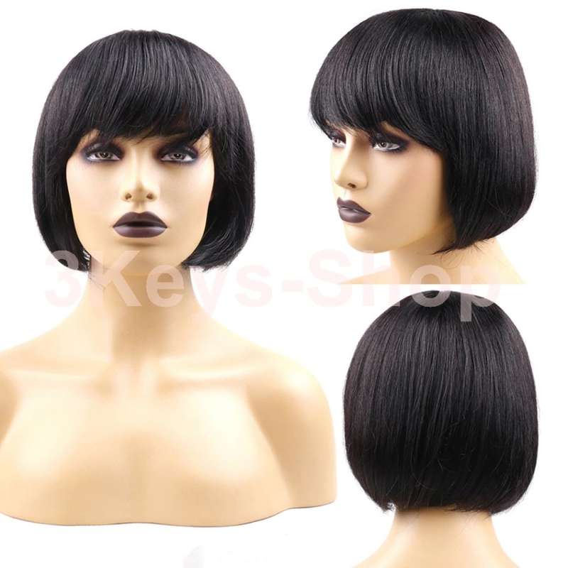 8 inch Short Bob Straight Human Hair Wigs With Bangs  130% Density None Lace Front Wigs Glueless