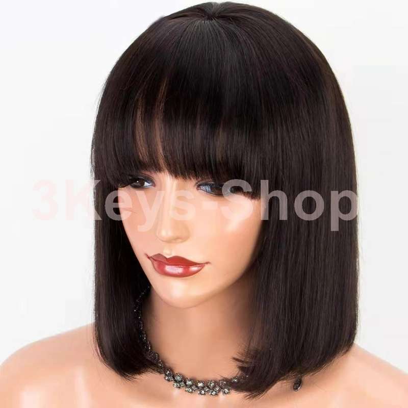 8 inch Short Bob Straight Human Hair Wigs With Bangs  130% Density None Lace Front Wigs Glueless