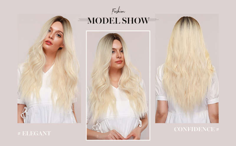 Long Blonde Wigs for Women Synthetic Curly Hair with Dark Roots Middle Parting