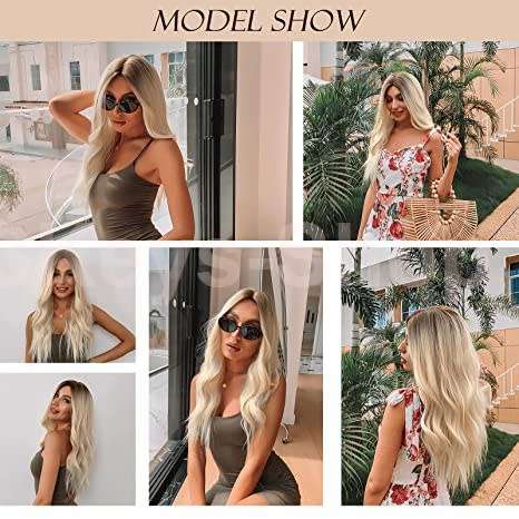 Blonde Long Curly Hair Wig Long Blonde Wigs for Women Synthetic Curly Hair with Dark Roots Middle Pa