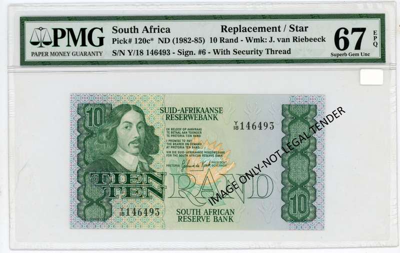 G De Kock R10 Replacement Note Y18 Pick 120c* PMG 67 Superb Gem UNC