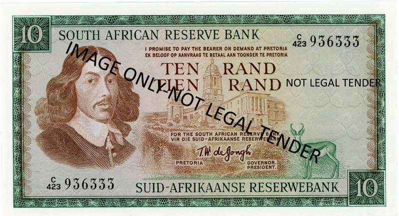 TW de Jongh R10 Note. Pick 113c. C423/936333. Van Riebeek Watermark