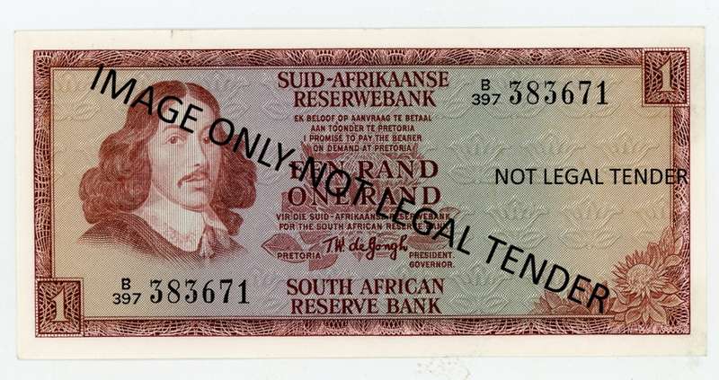 TW de Jongh R1 Note. Pick 116b. Small note 1975. B397/383671. Van Riebeek Watermark.