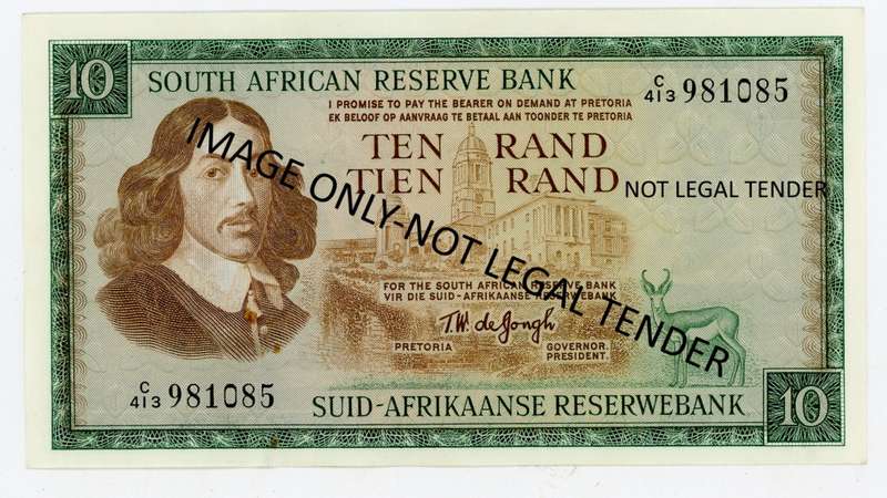 TW de Jongh R10 Note. Pick 113c. C413/981085. Van Riebeek Watermark