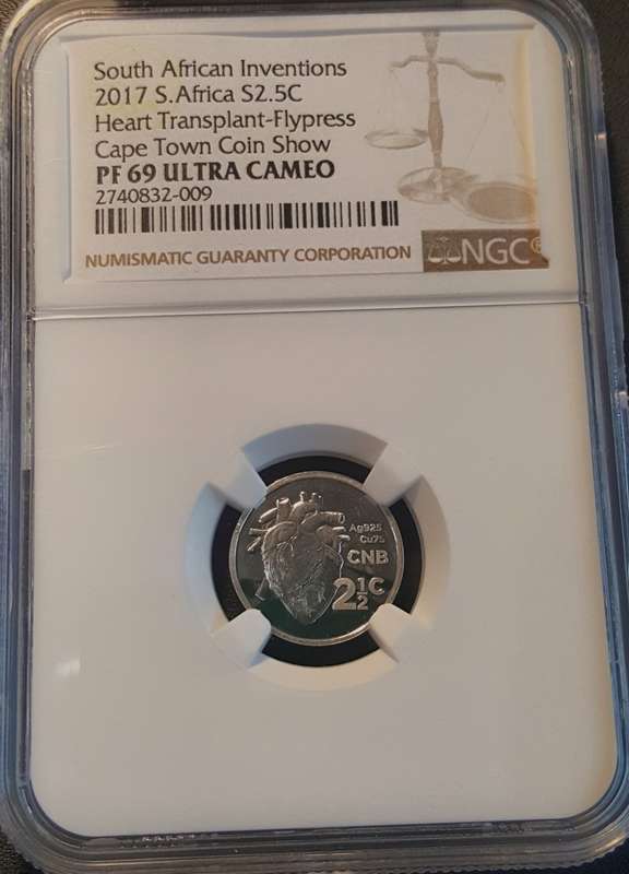 2017 Flypress 2.5 Cent, NGC PF69 Ultra Cameo, Heart Transplant, Cape Town Coin Show Mint Mark.